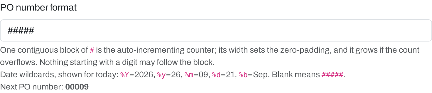 The PO number format field with its rules, today's date wildcards and a preview of the next PO number