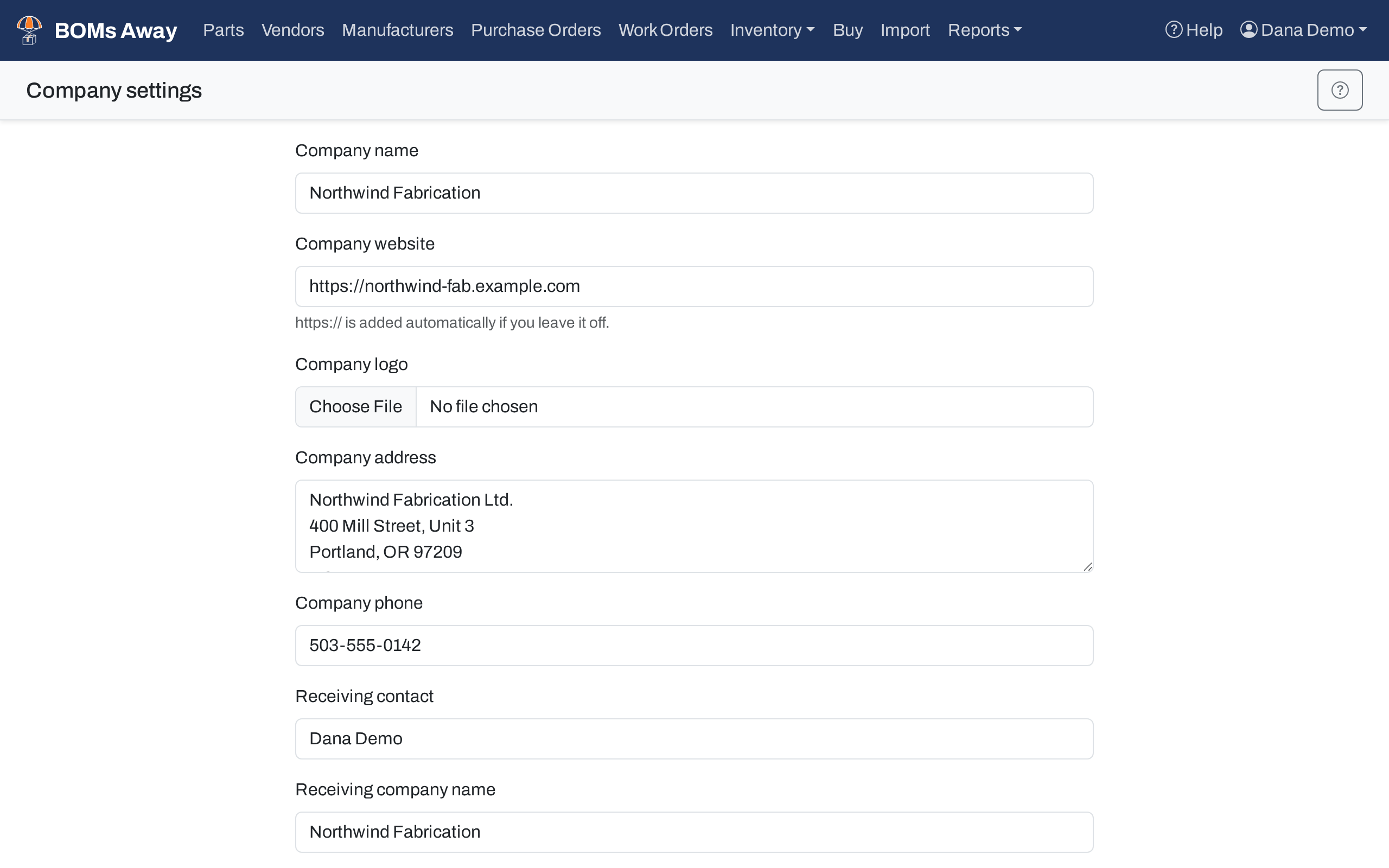 The top of the Company settings page: company name, website, logo, address and receiving details