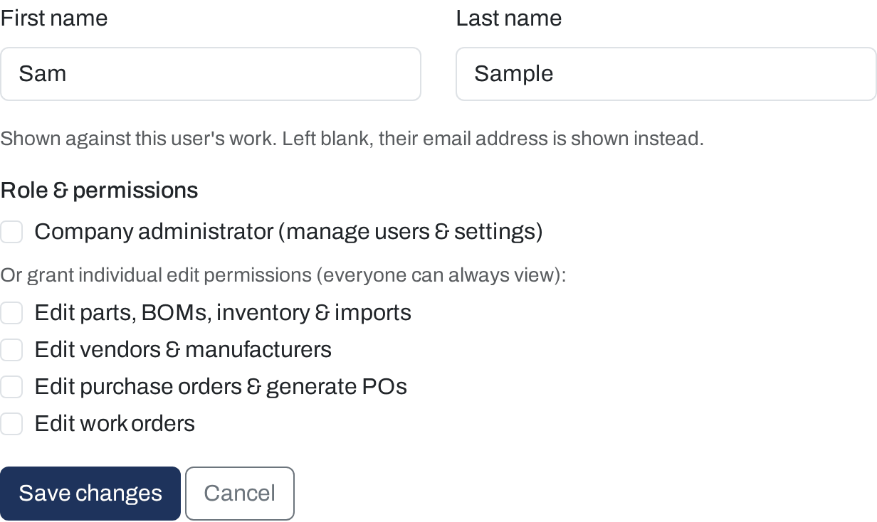 Editing a user: name fields and the role and permission checkboxes