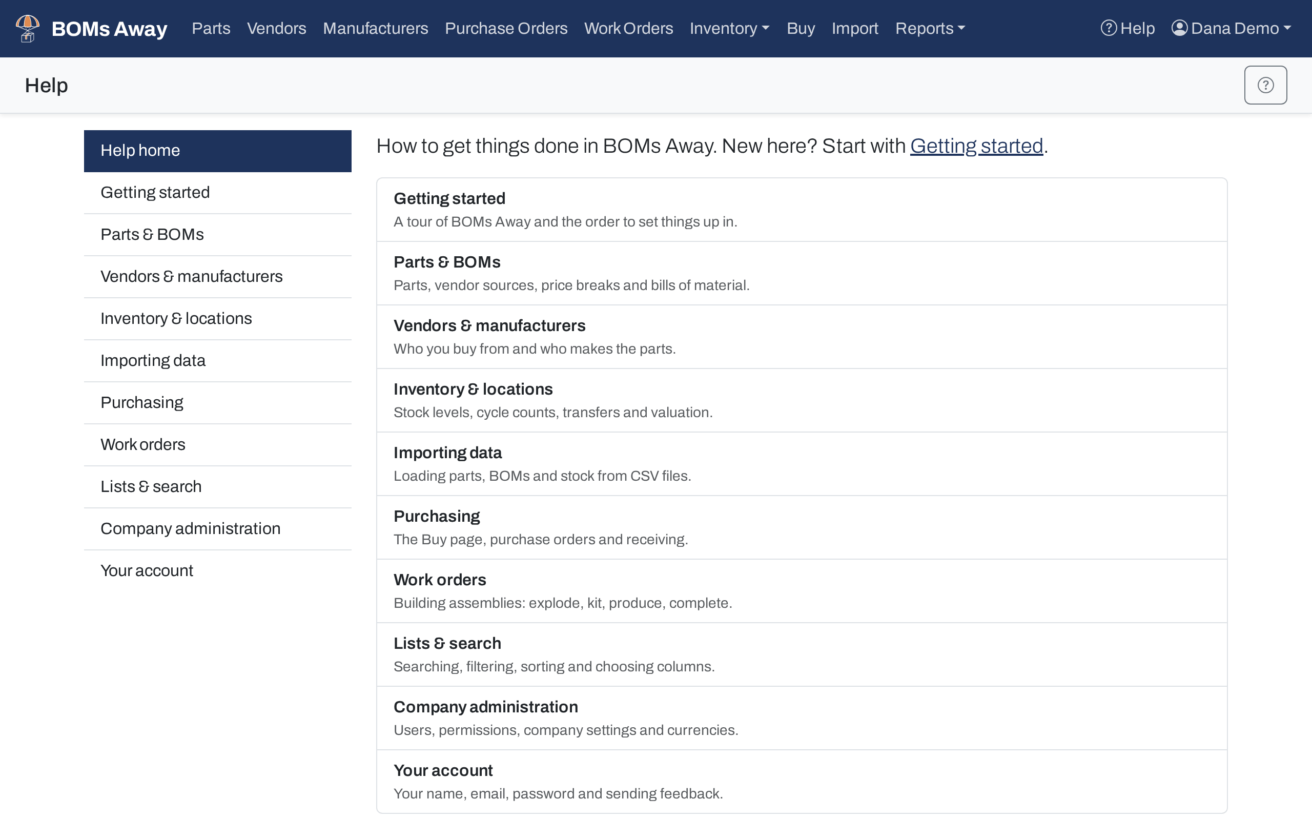 The help home page, listing every topic