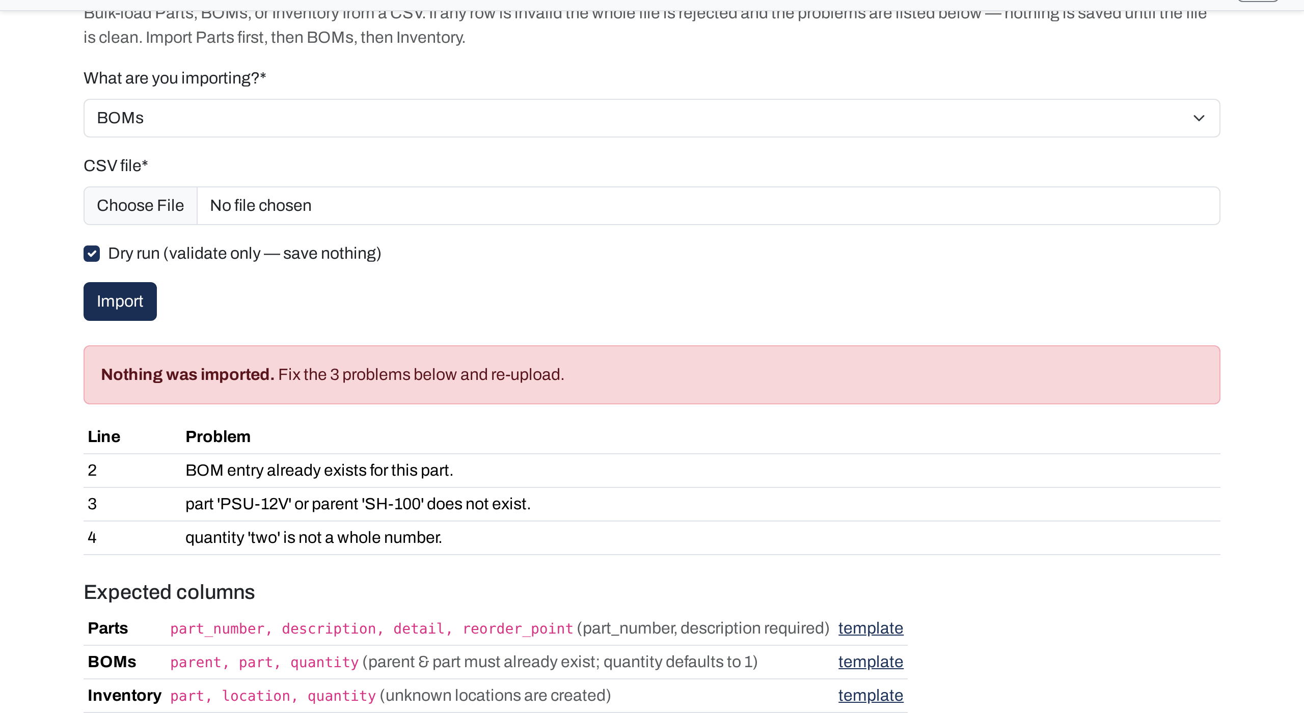 A rejected BOMs file: "Nothing was imported. Fix the 3 problems below and re-upload", followed by three problems by line number