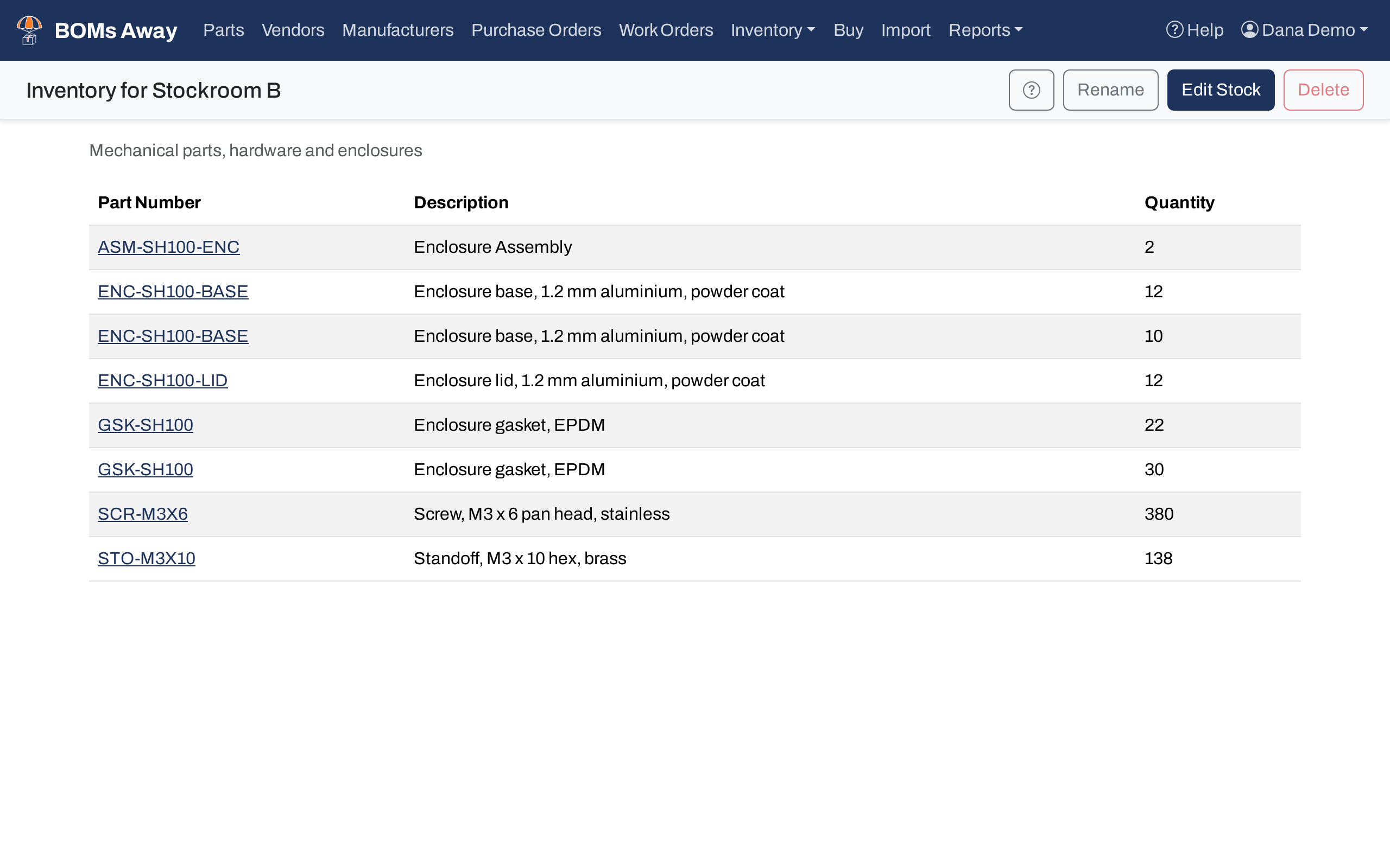 The Stockroom B page listing its parts and quantities, with the Rename, Edit Stock and Delete buttons