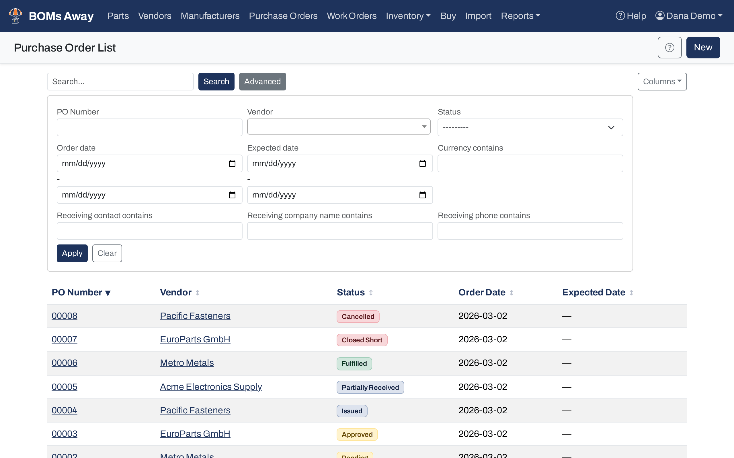 The Advanced panel on the purchase order list, with filters for PO number, vendor, status, order and expected date ranges, currency and receiving details