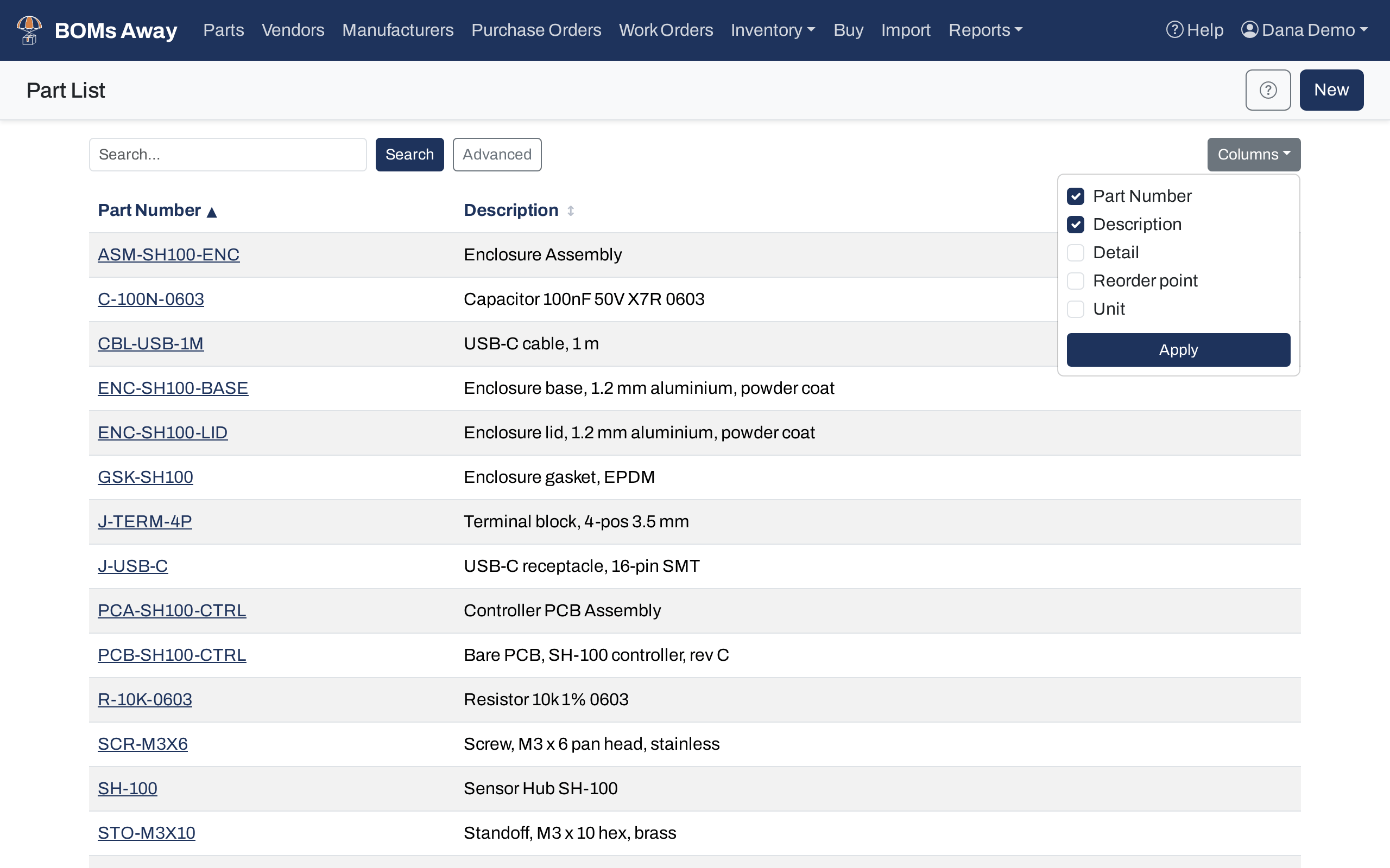 The Columns menu on the parts list, with Part Number and Description ticked and Detail, Reorder point and Unit unticked