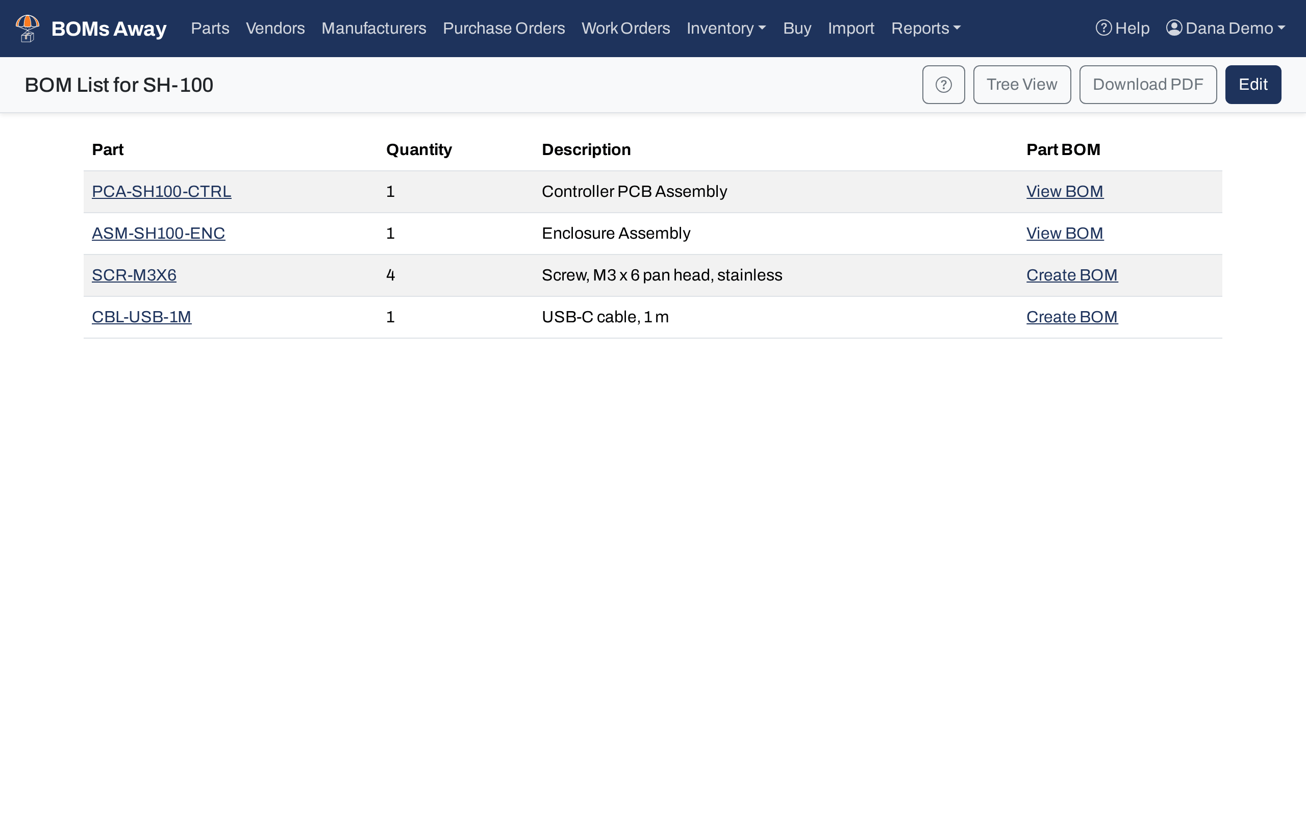 The BOM List for SH-100, with two sub-assemblies (View BOM) and two purchased parts
