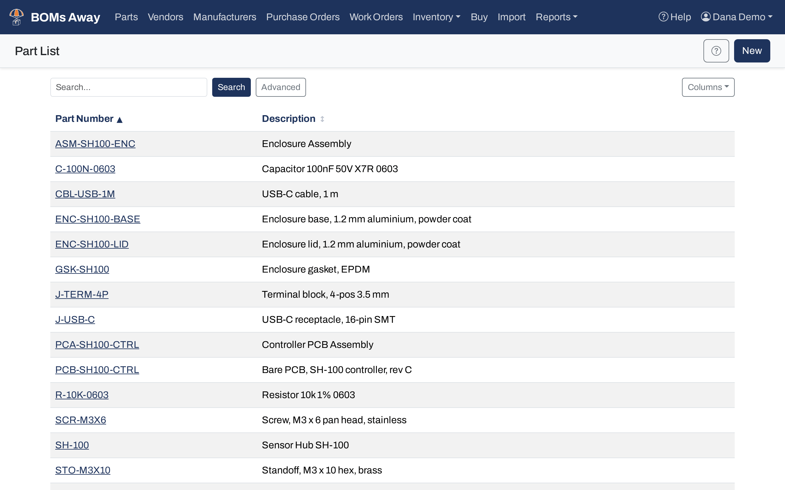 The Part List, showing part numbers and descriptions with the search box and Columns picker