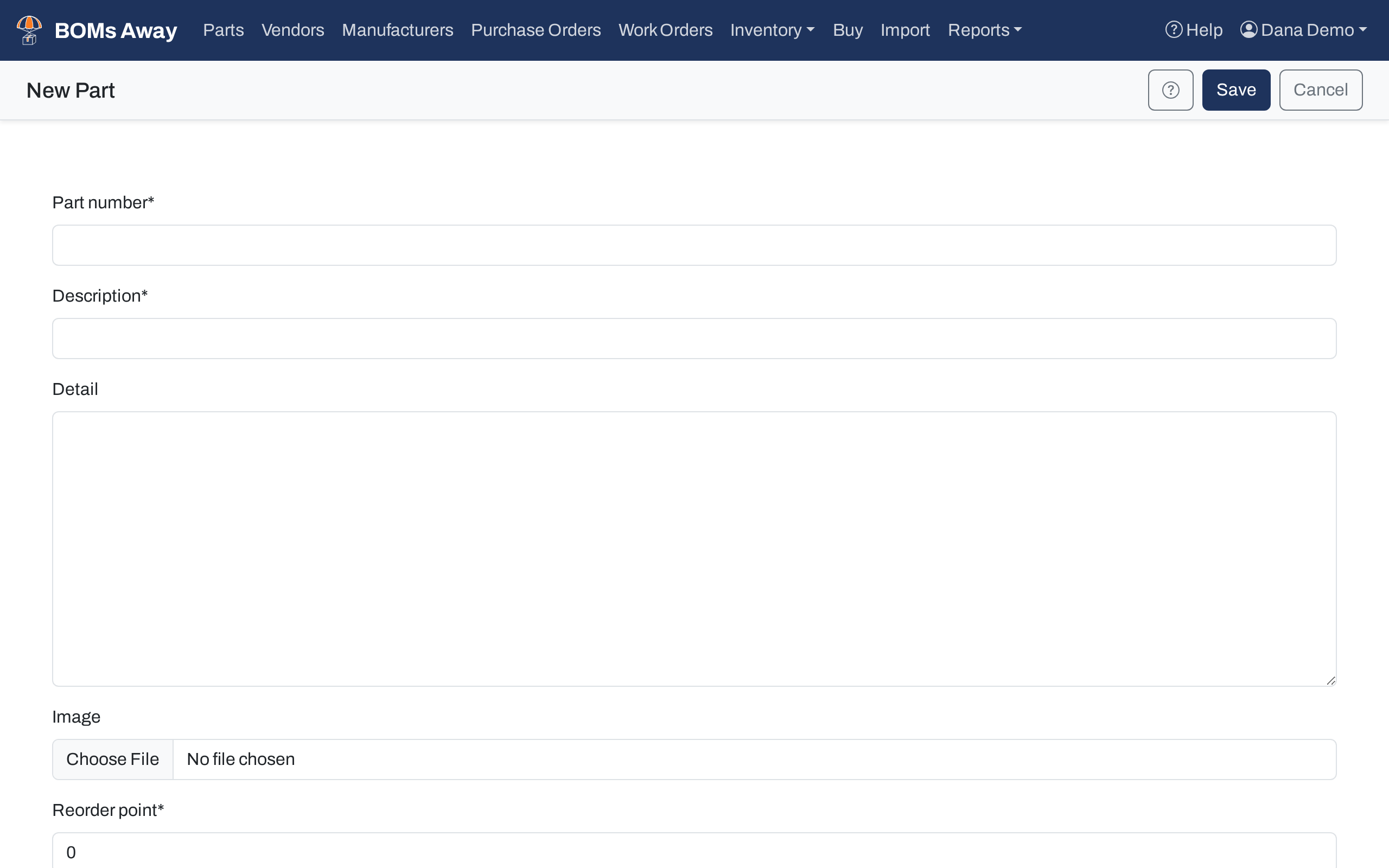 The New Part form with Part number, Description, Detail, Image and Reorder point fields