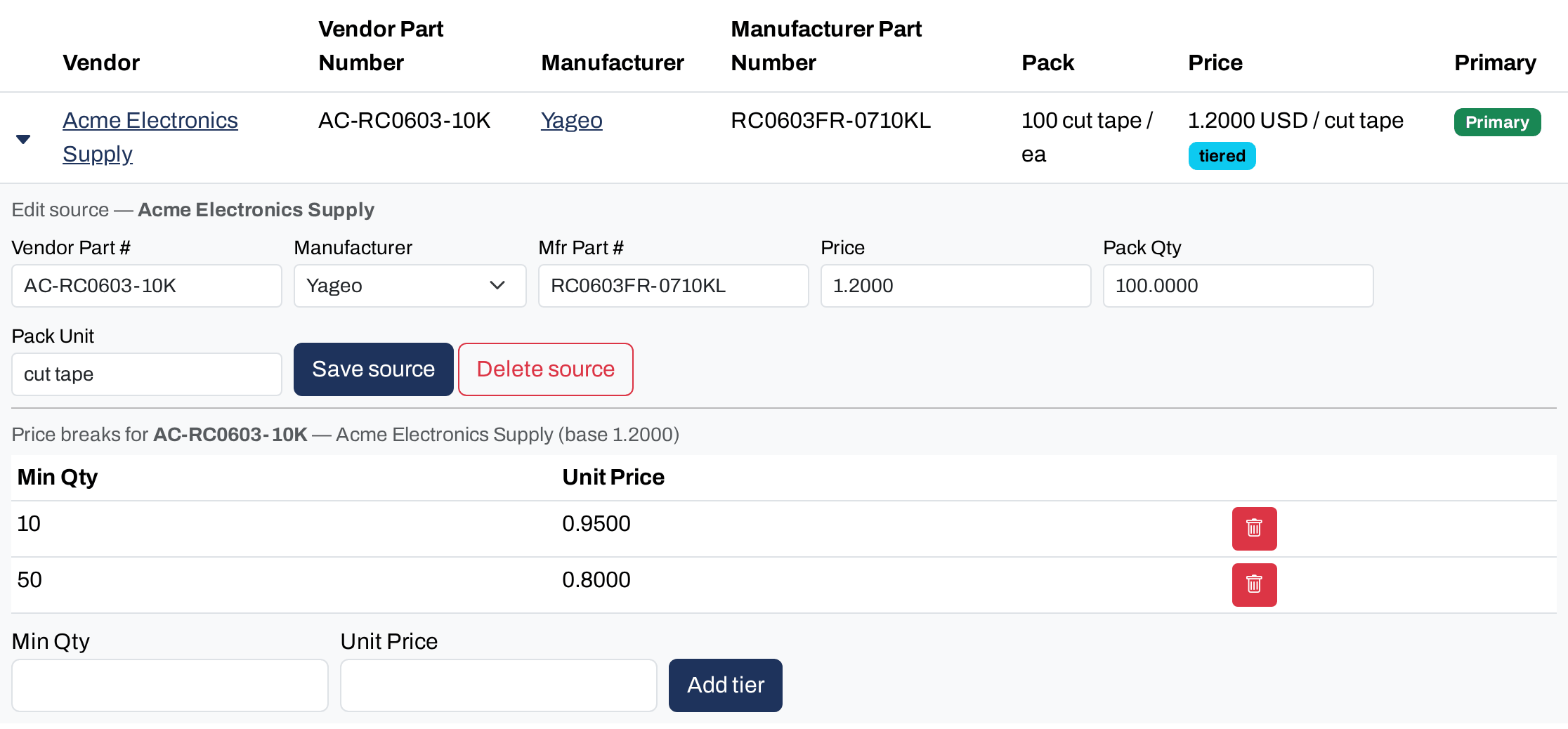 An expanded vendor source showing Save source and Delete source, two price breaks at 10 and 50, and the Add tier form