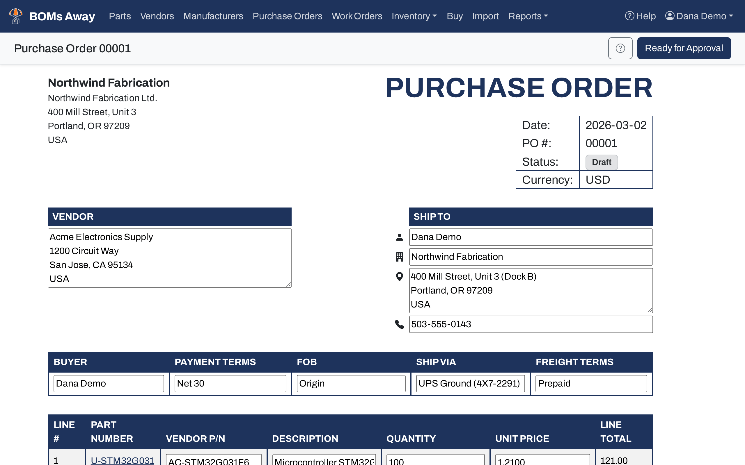 A draft purchase order showing the vendor, Ship To and terms blocks, and the Ready for Approval button