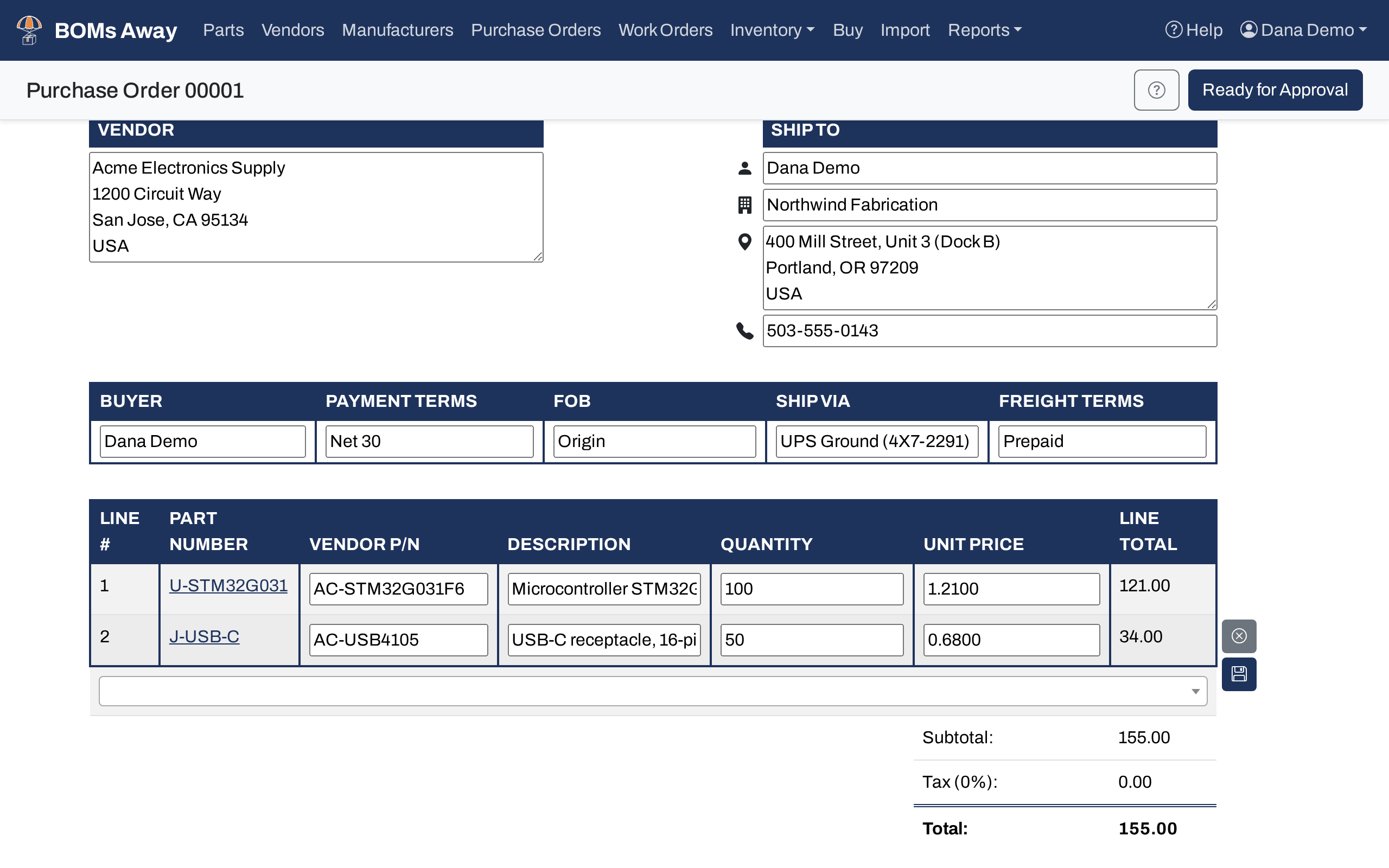 Line 2 of a draft purchase order unlocked for editing, with its cancel and save buttons