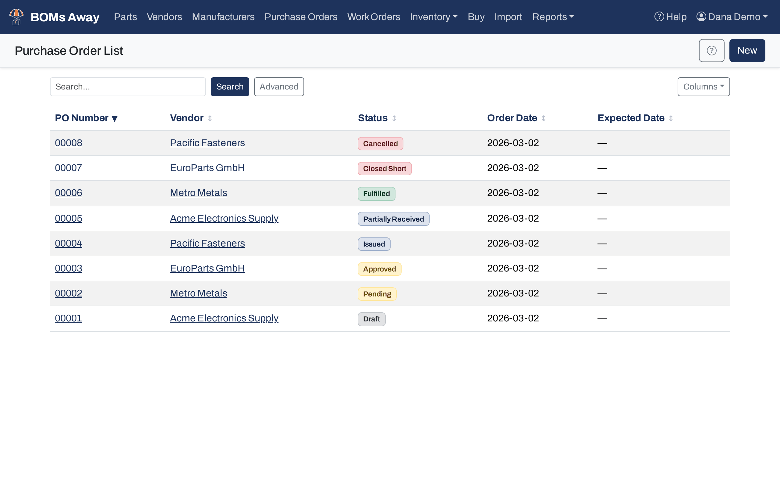 The purchase order list with one order in each status