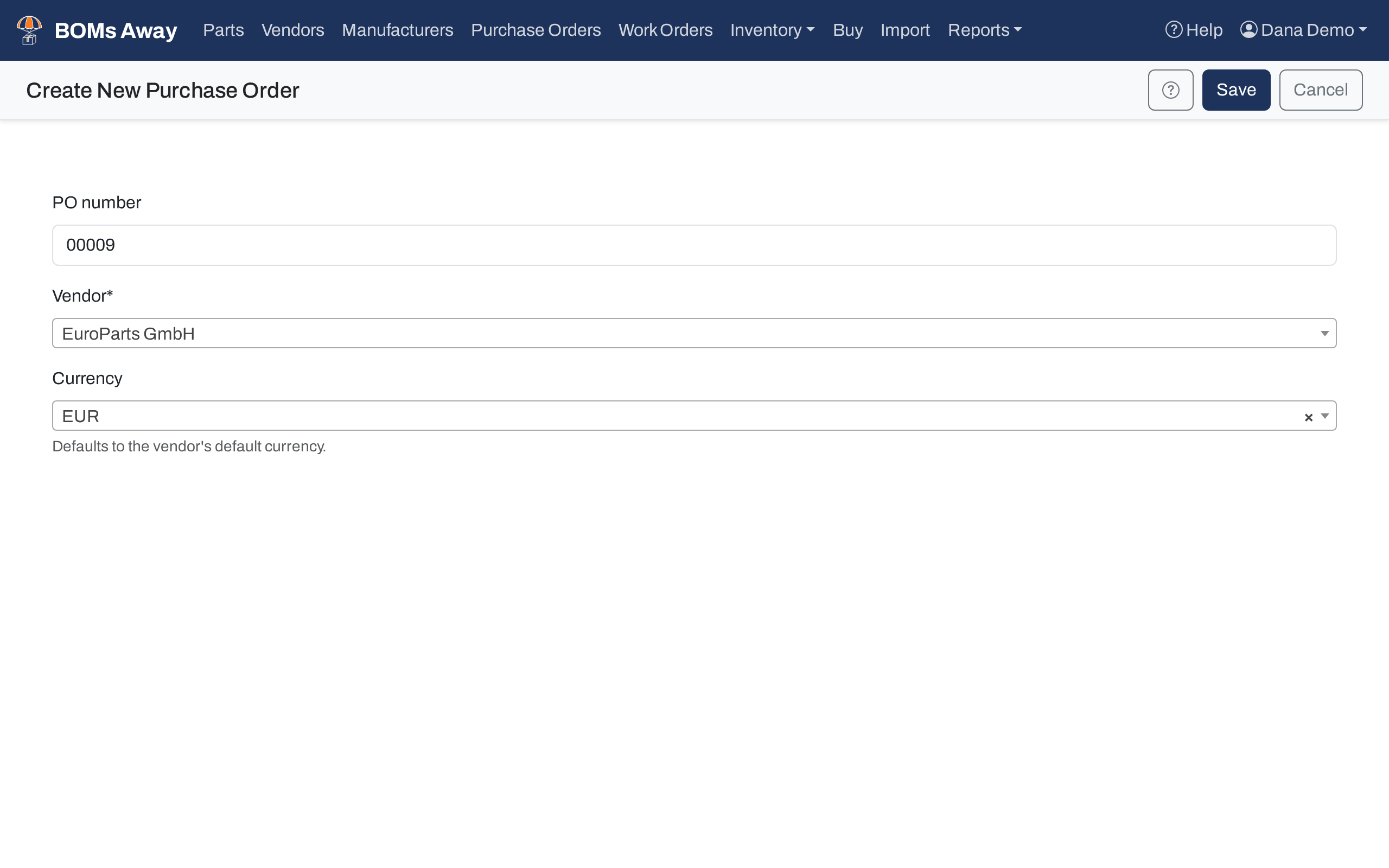 The Create New Purchase Order form with EuroParts GmbH chosen and the currency filled in as EUR