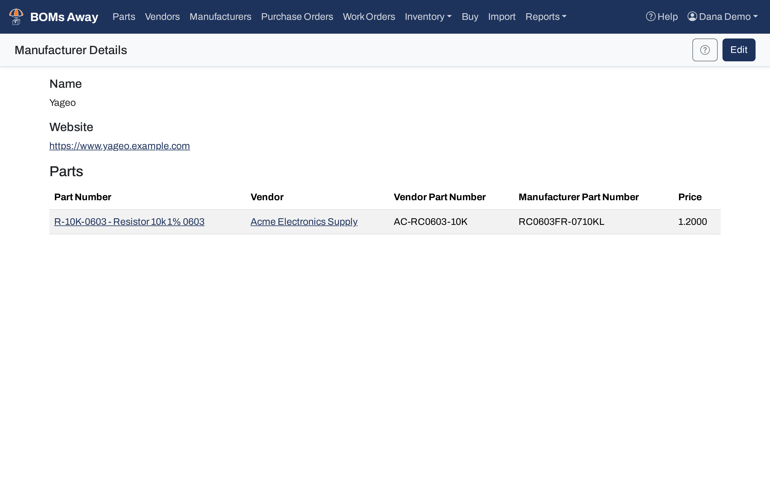 Manufacturer Details for Yageo, listing the resistor bought from Acme Electronics Supply