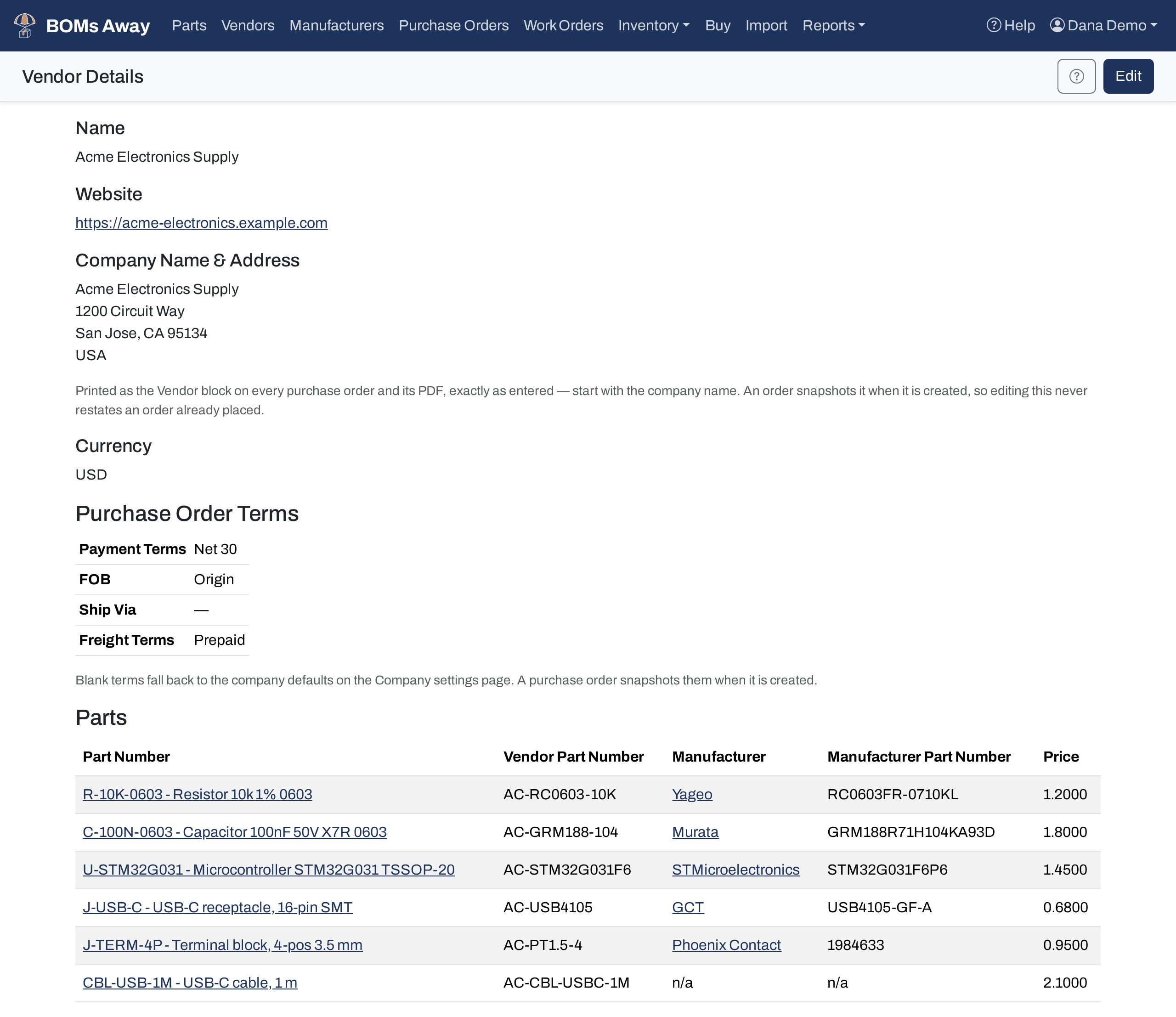 Vendor Details for Acme Electronics Supply, showing the address block, currency, purchase order terms and the parts bought from them