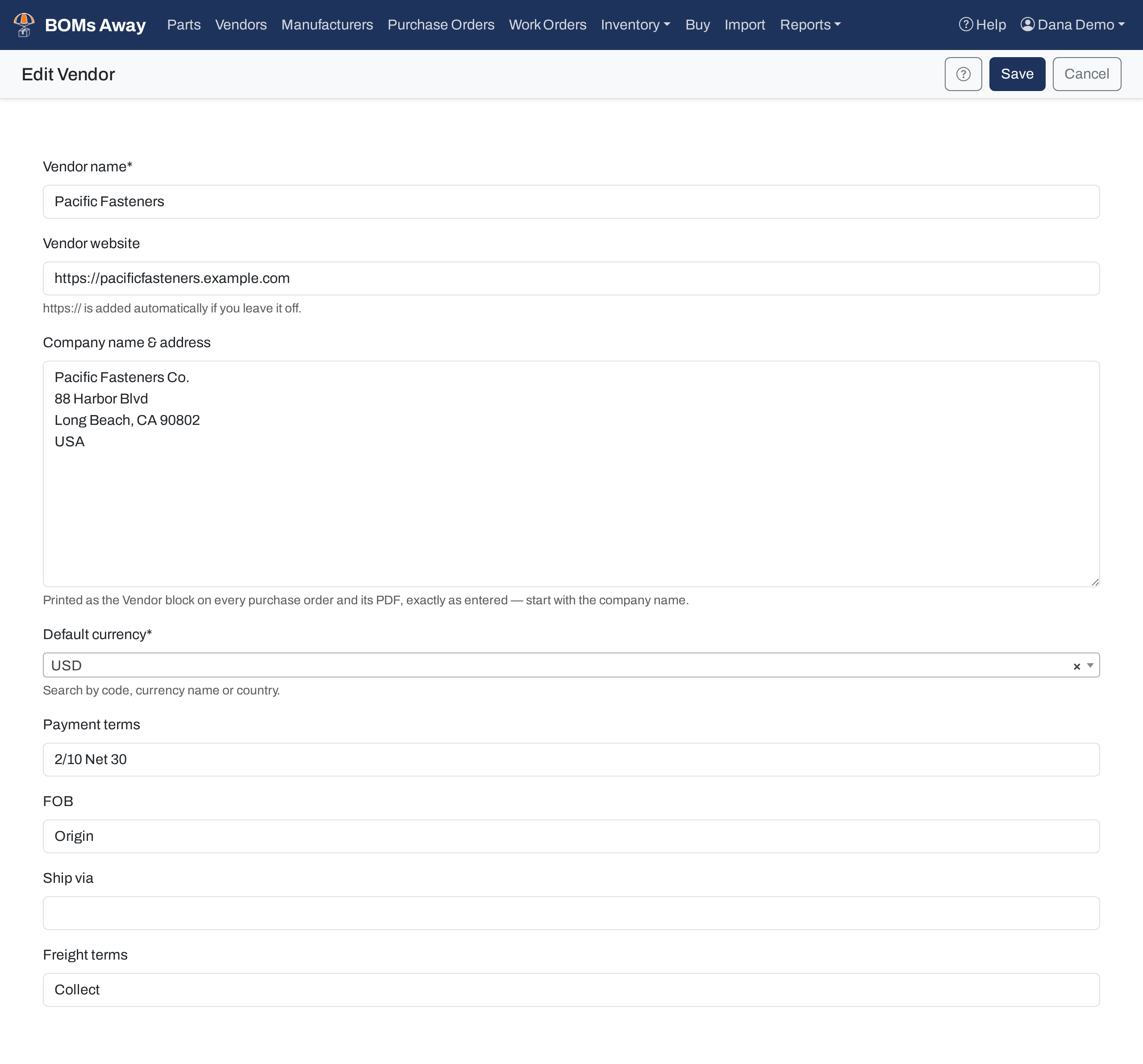 The Edit Vendor form for Pacific Fasteners, with name, website, company name & address, default currency and the four purchase order terms