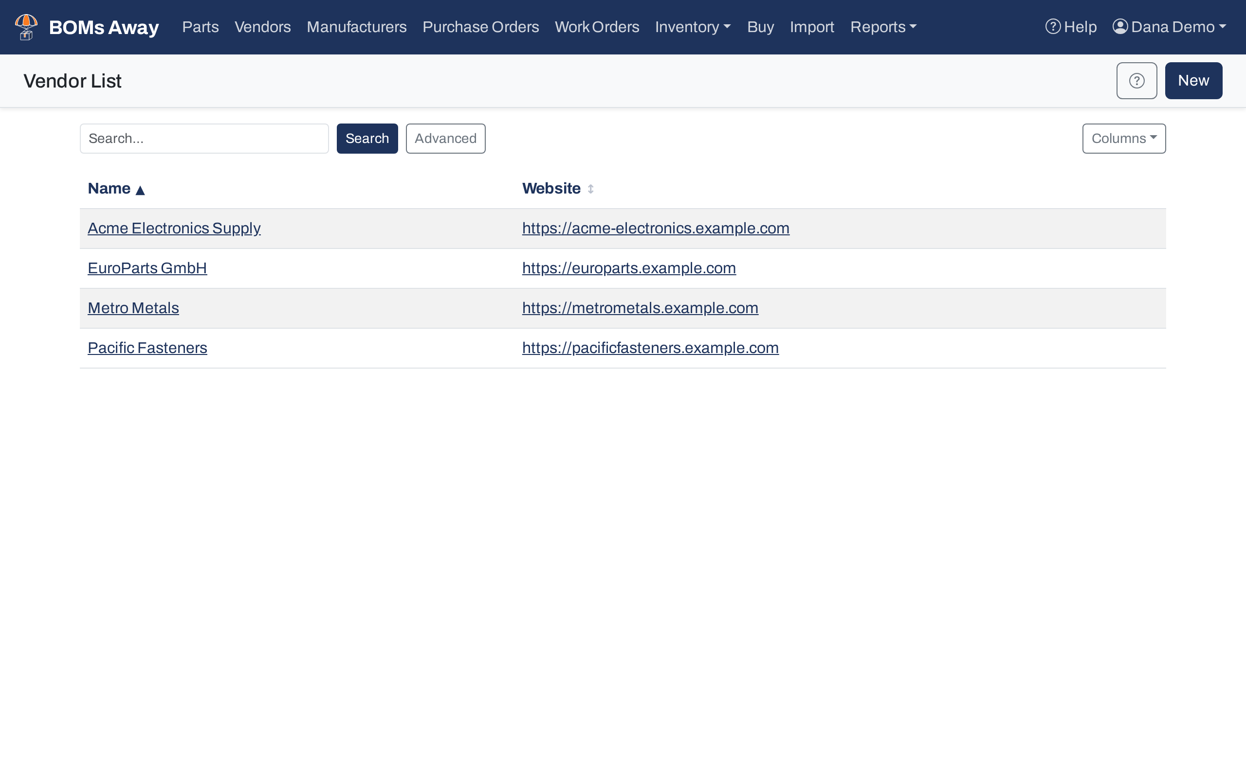 The Vendor List showing four vendors and their websites