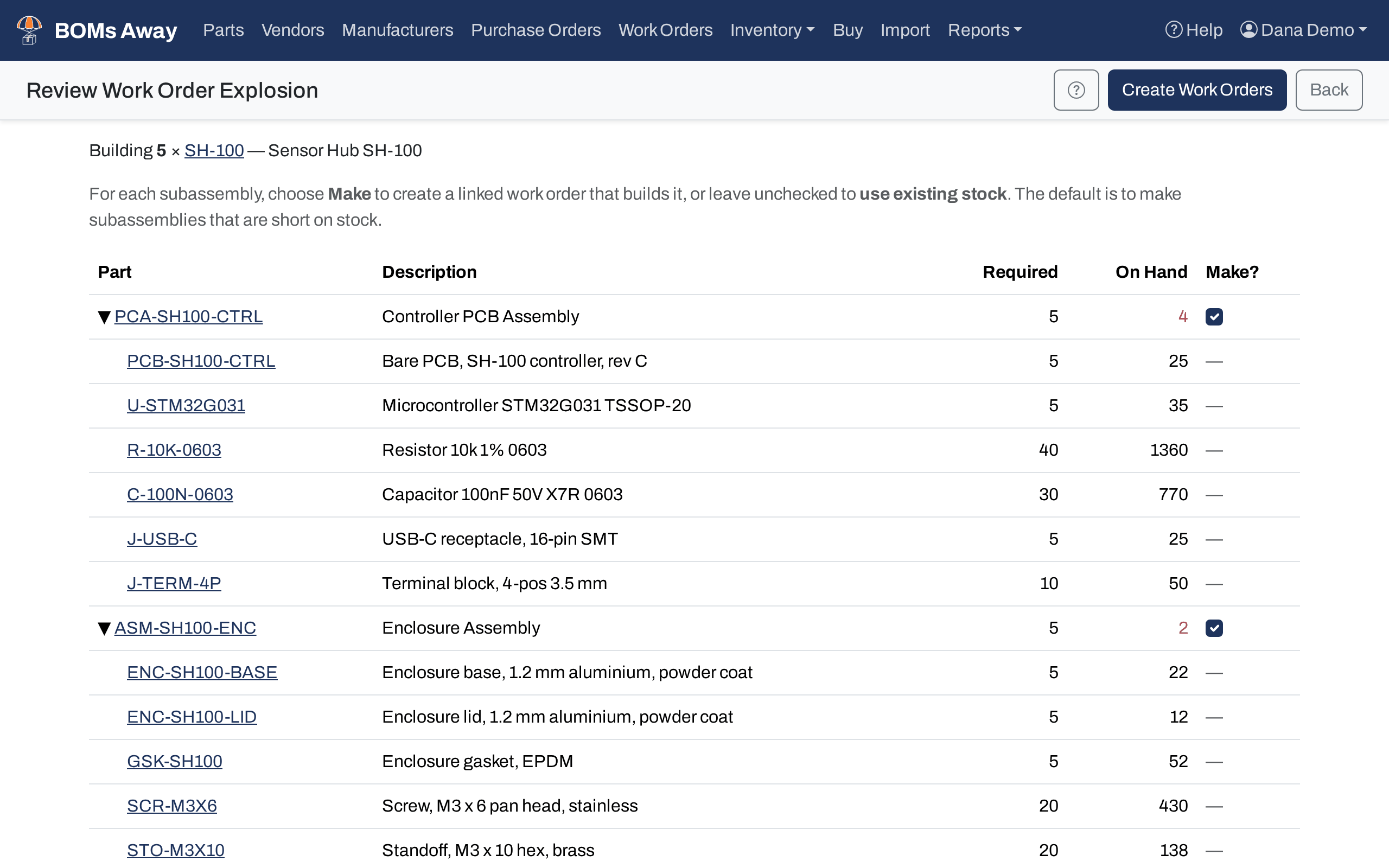 The Review Work Order Explosion page for 5 × SH-100, with both short subassemblies ticked to make