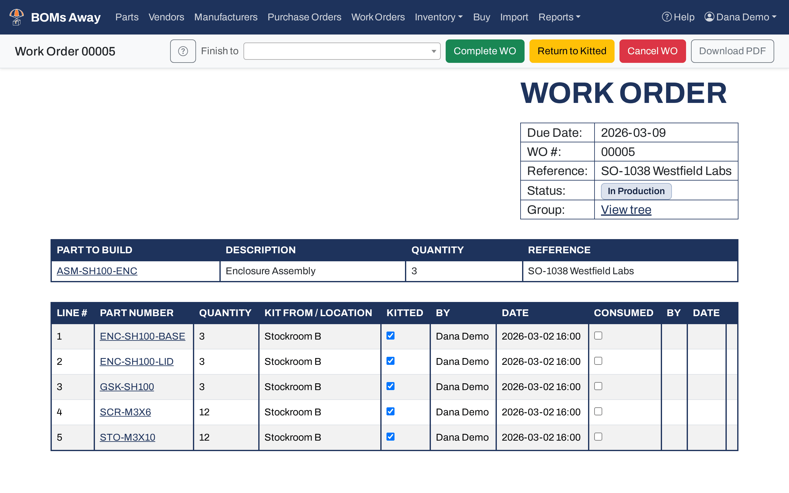 An In Production work order with the Finish to location picker, Complete WO, Return to Kitted, Cancel WO and Download PDF