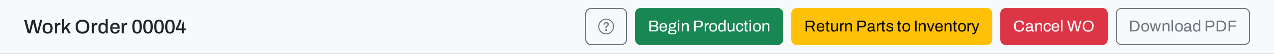 The action bar of a Kitted work order: Begin Production, Return Parts to Inventory, Cancel WO and Download PDF