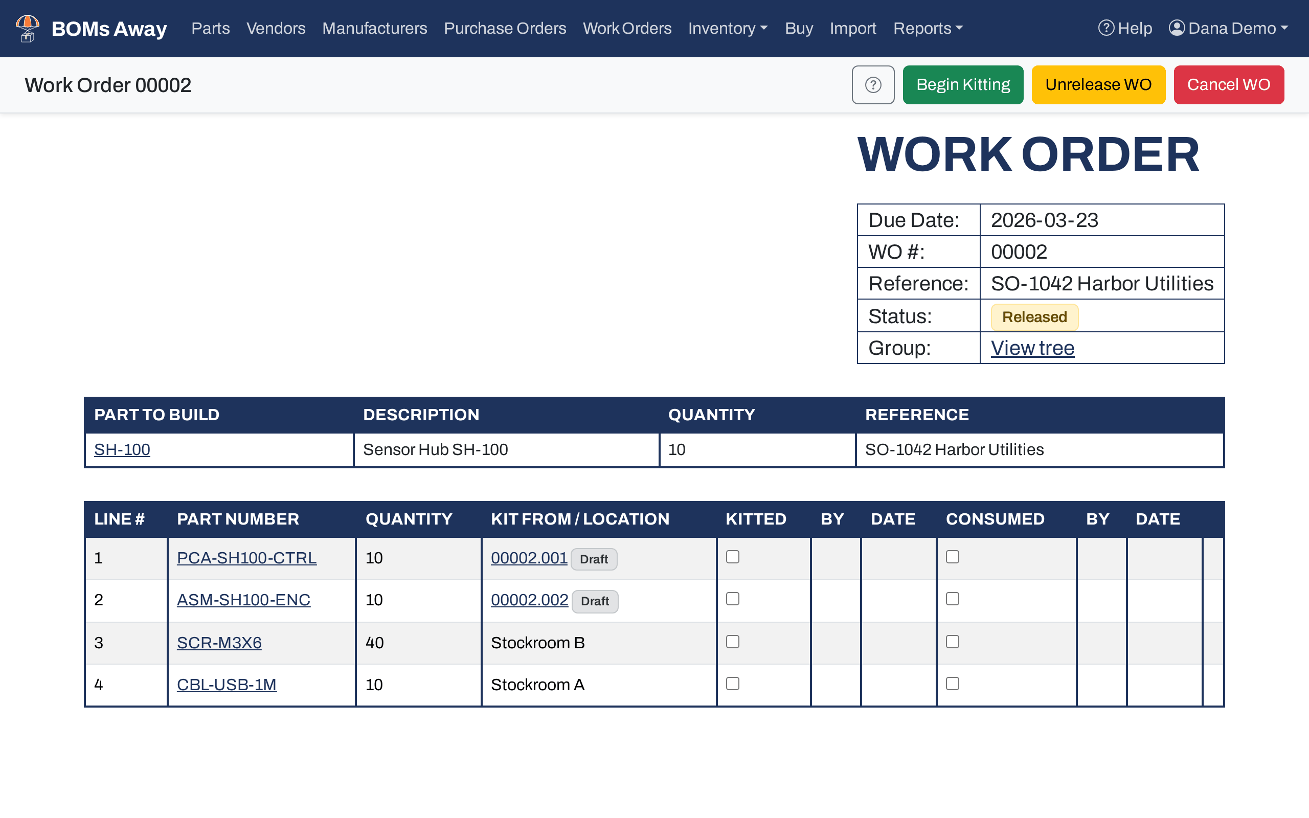 A released top-level work order: lines 1 and 2 are supplied by subassembly work orders 00002.001 and 00002.002, lines 3 and 4 suggest a stock location