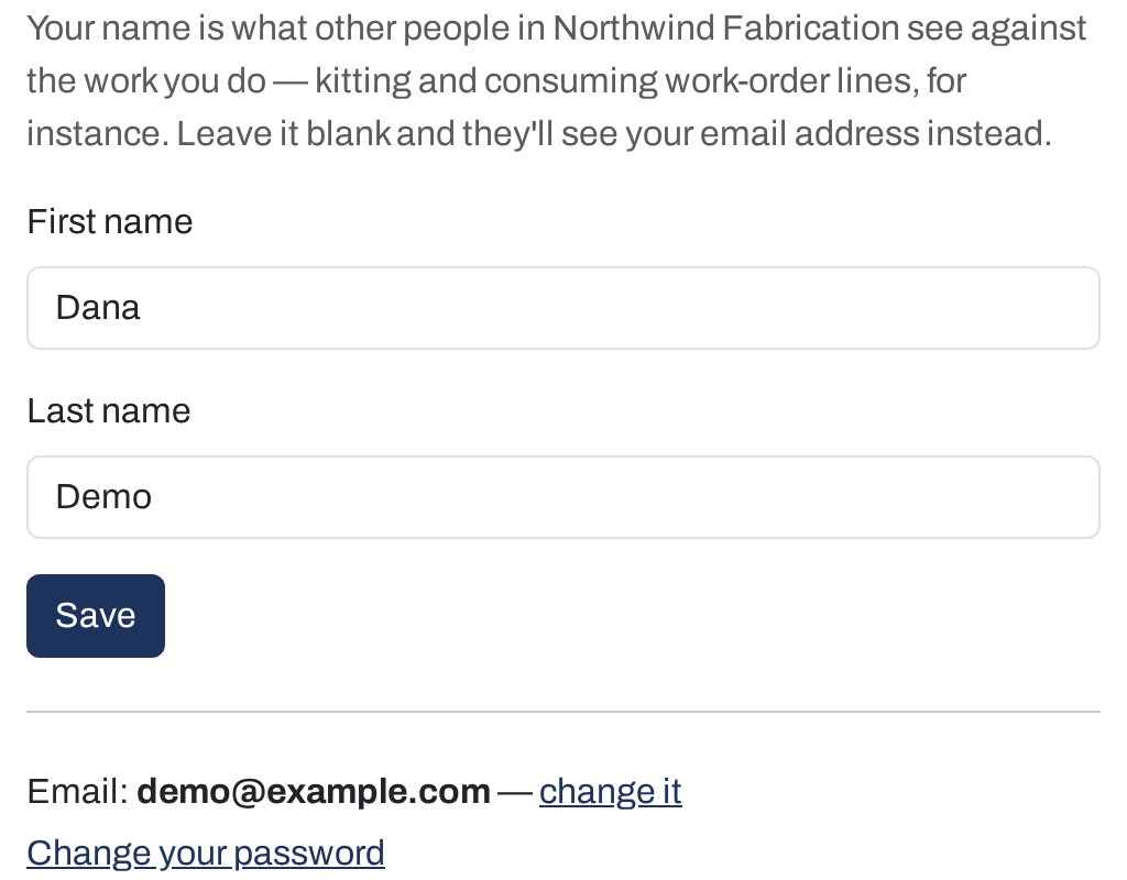The Your account page: first and last name fields, a Save button, and links to change your email and password
