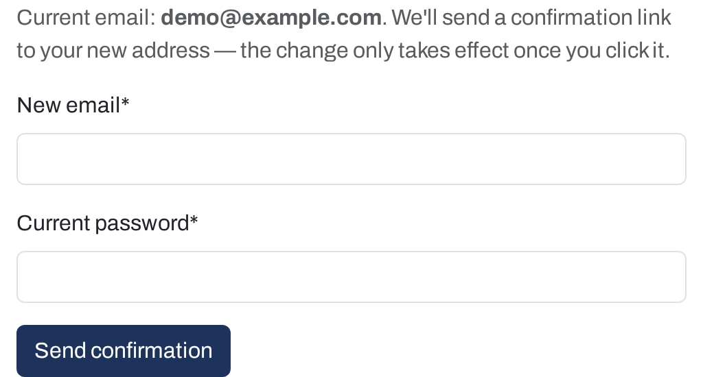 The Change email page: new email and current password fields and a Send confirmation button
