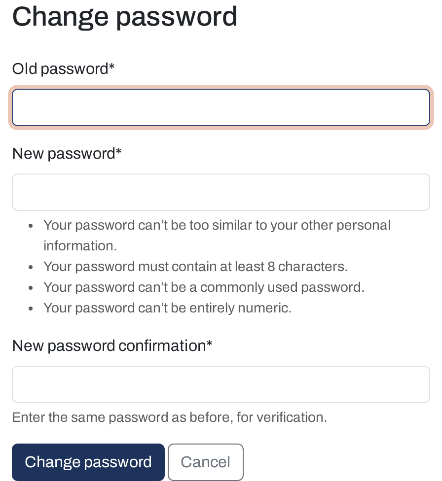 The Change password form with the password rules listed under the new password