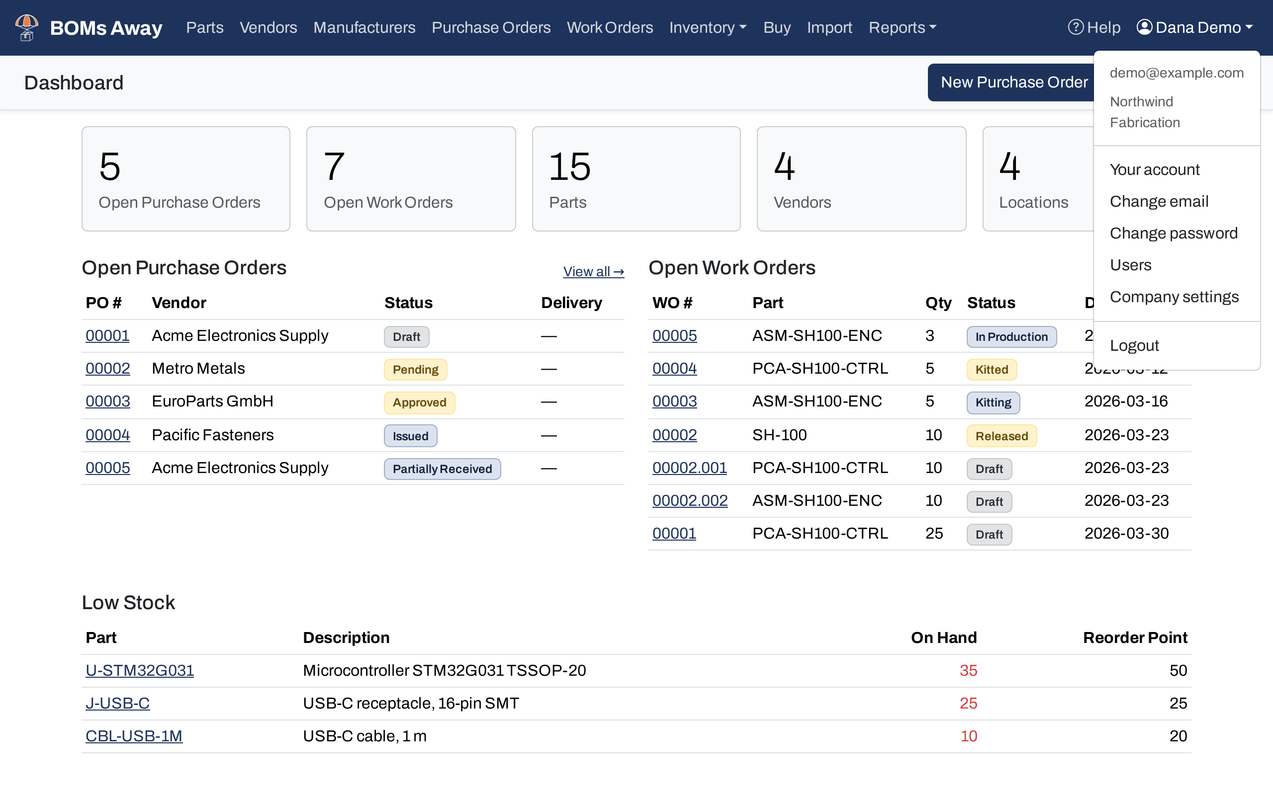 The name menu open on the dashboard, showing the signed-in email and company, then Your account, Change email, Change password, Users, Company settings and Logout